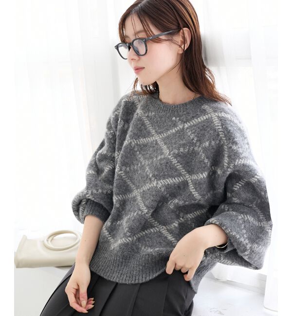  「《WEB限定アイテム》起毛チェックニットプルオーバー」|ニット・セーター|グレー
