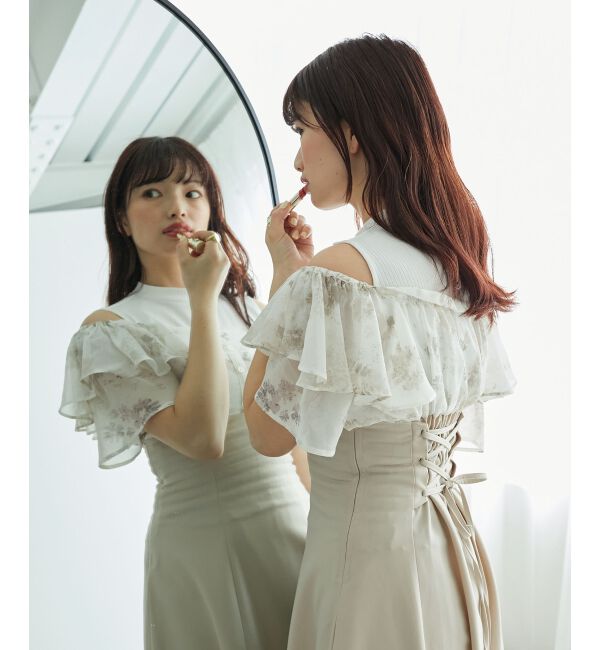  「ウエストきゅっとフリルフレアワンピ」|ワンピース|ベージュ柄