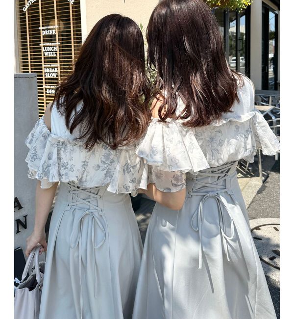  「ウエストきゅっとフリルフレアワンピ」|ワンピース|グレー柄