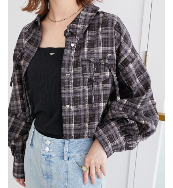  「ハートボタンリボンつきシャツ」|シャツ・ブラウス|ブラック柄