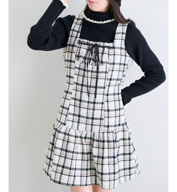 「フロントリボンチェックミニジャンスカ」|ジャンパースカート|