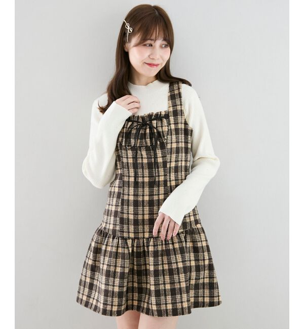  「フロントリボンチェックミニジャンスカ」|ジャンパースカート|ブラウン柄