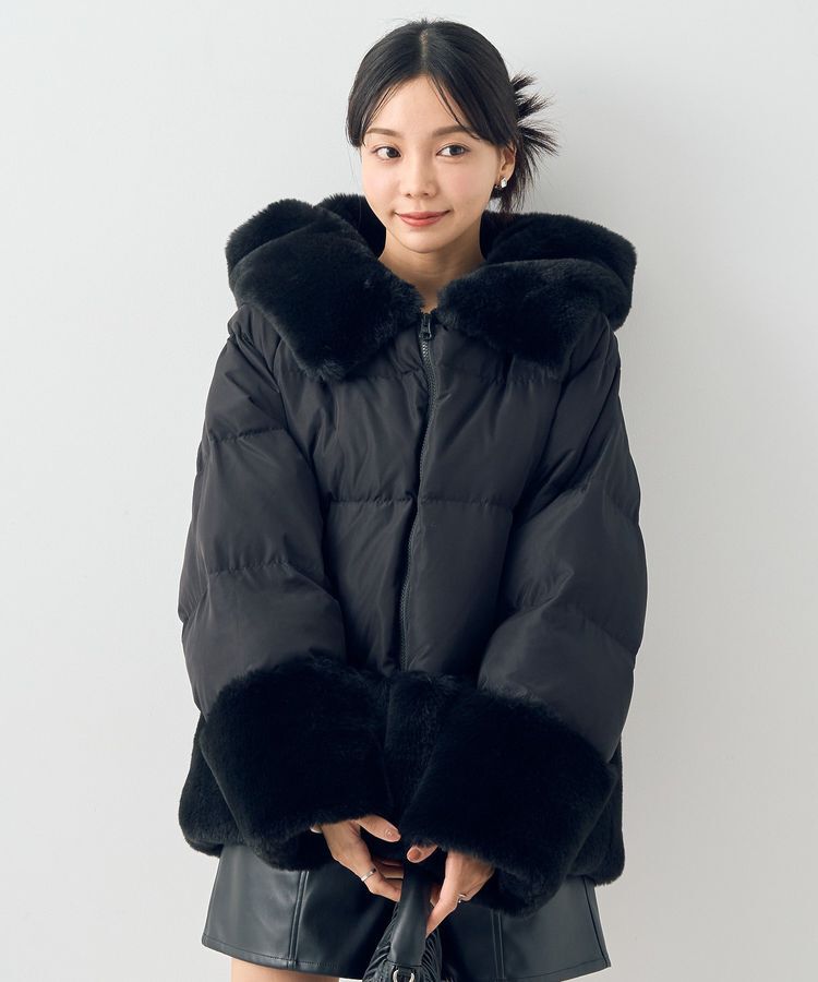 earth music&ecology「フードファー中綿ショートコート」|ブルゾン・スタジャン|Black