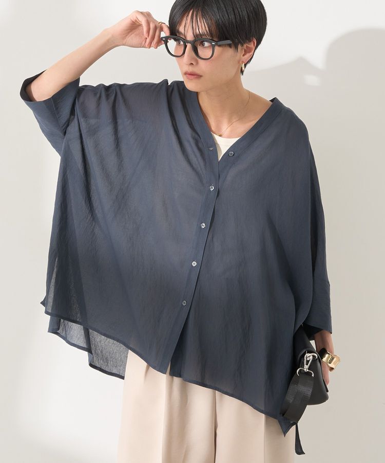 AMERICAN HOLIC「接触冷感Vネックシアー半袖BIGシャツ」|シャツ・ブラウス|Navy