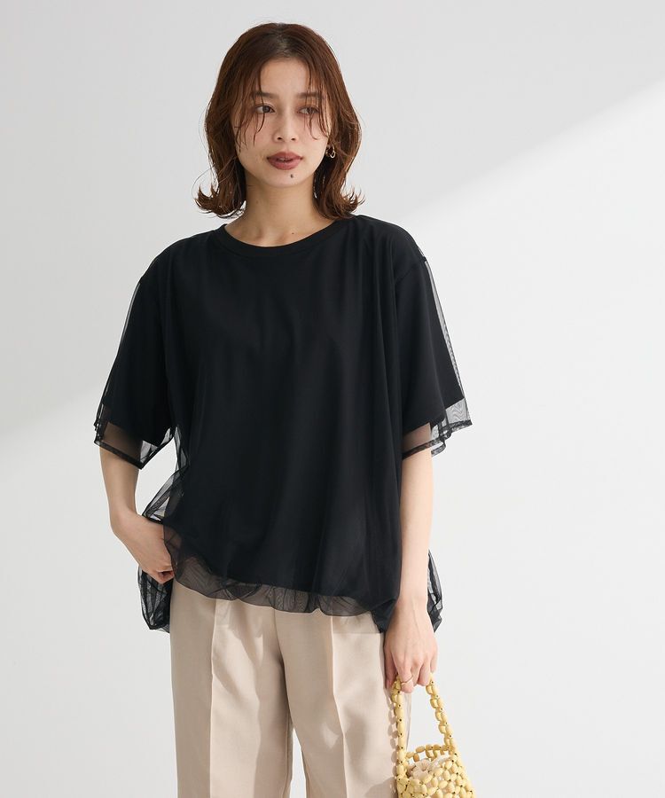 Green Parks「チュールドッキングバルーン5分袖プルオーバー」|Tシャツ・カットソー|Black