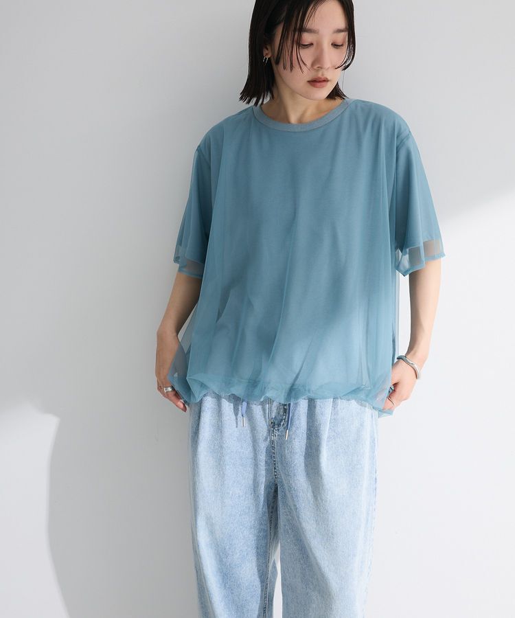 Green Parks「チュールドッキングバルーン5分袖プルオーバー」|Tシャツ・カットソー|Blue