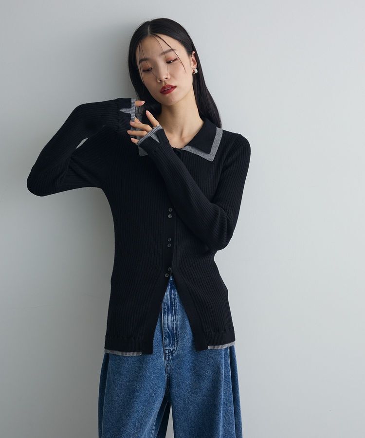 AnriettMusee「配色レイヤードポロリブニットカーディガン」|ニット・セーター|Black