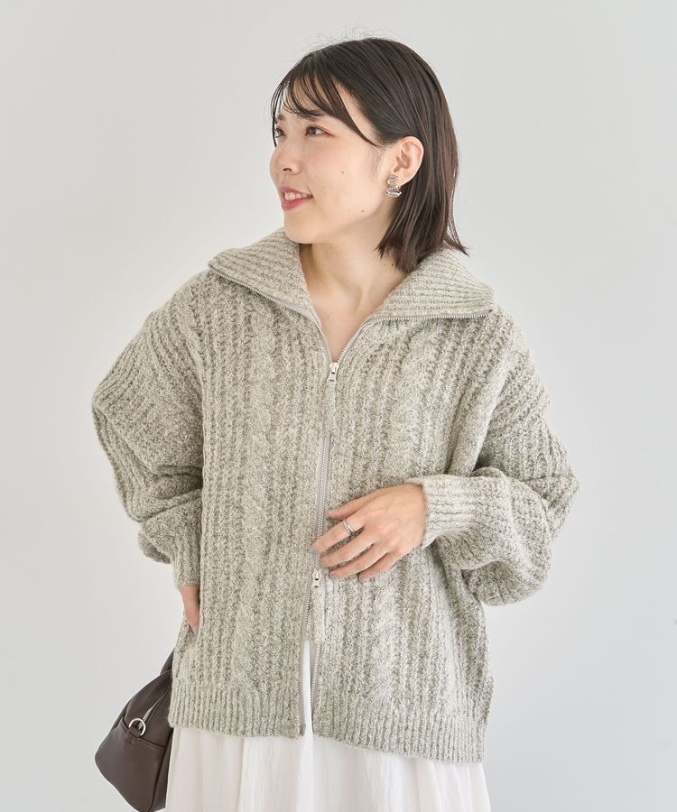 Green Parks「衿付きケーブルzipカーディガン」|カーディガン|Light beige