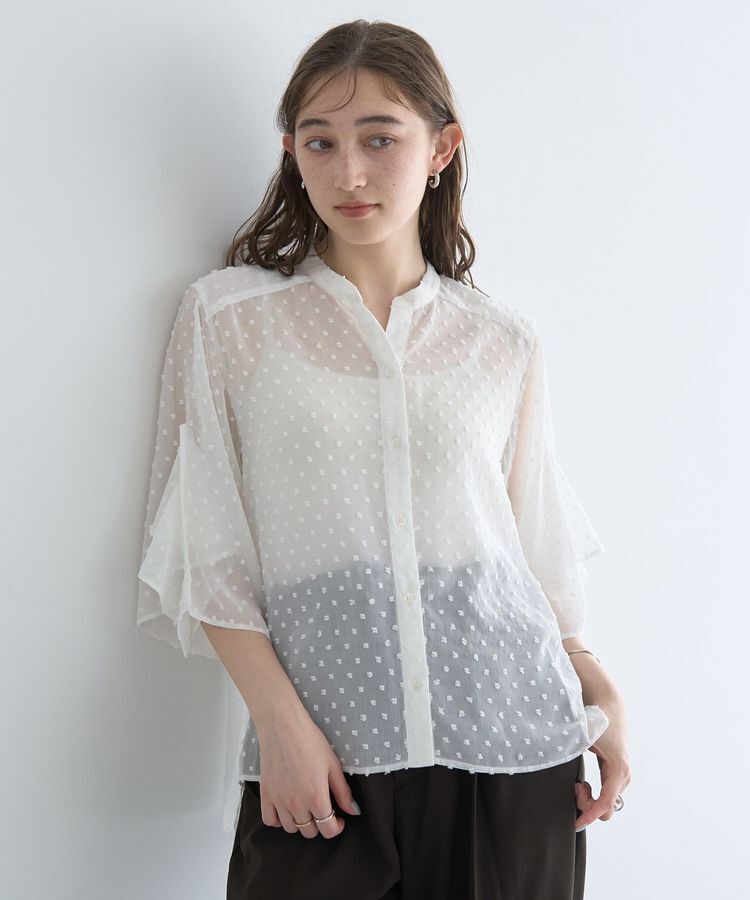 YECCA VECCA「袖フリルドビードットシアーシャツ」|シャツ・ブラウス|