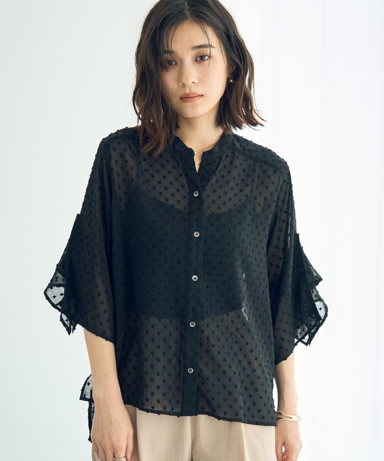 YECCA VECCA「袖フリルドビードットシアーシャツ」|シャツ・ブラウス|Black