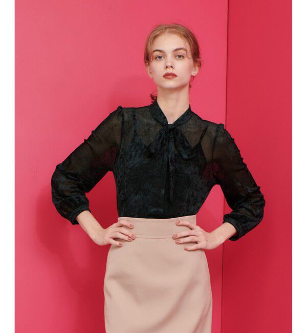 LOULOU WILLOUGHBY「【LOULOU WILLOUGHBY】シアーベロアリボンプルオーバー」|Tシャツ・カットソー|ブラック