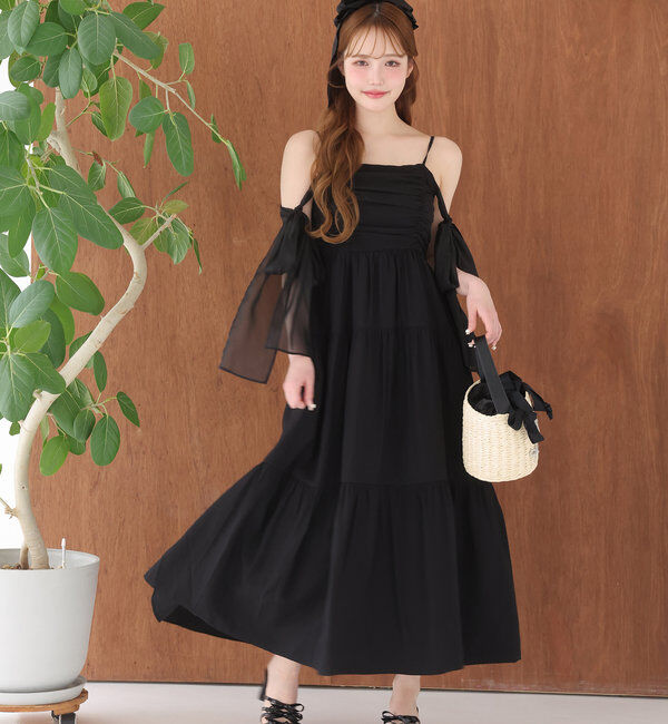  「肩リボンティアードキャミワンピース」|ワンピース|ブラック