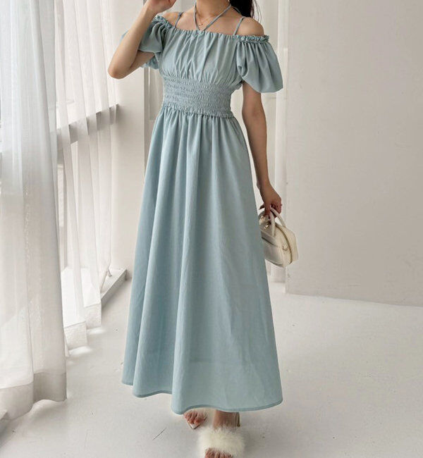  「【全骨格細見え】半袖シャーリングワンピ」|ワンピース|サックスブルー