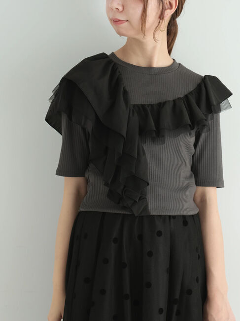 Te chichi「アシメフリルリブプルオーバー」|Tシャツ・カットソー|チャコールグレー