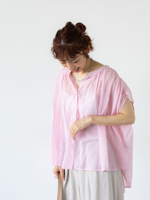 Lugnoncure「先染めストライプギャザーブラウス」|シャツ・ブラウス|レッド