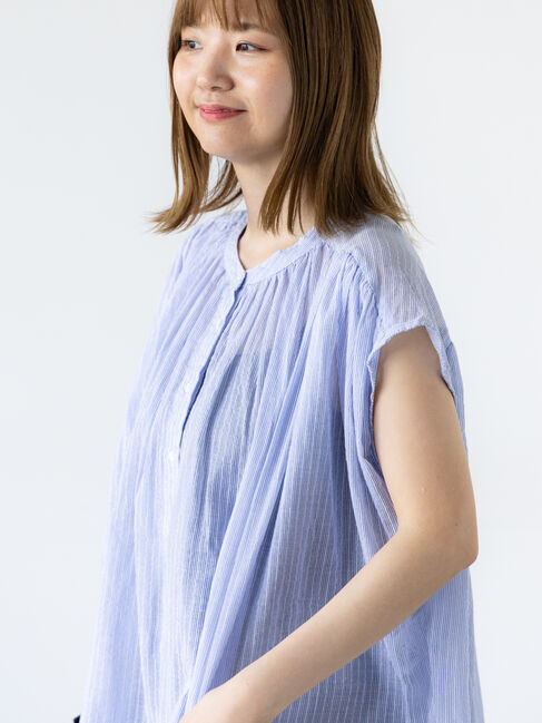 Lugnoncure「先染めストライプギャザーブラウス」|シャツ・ブラウス|ブルー