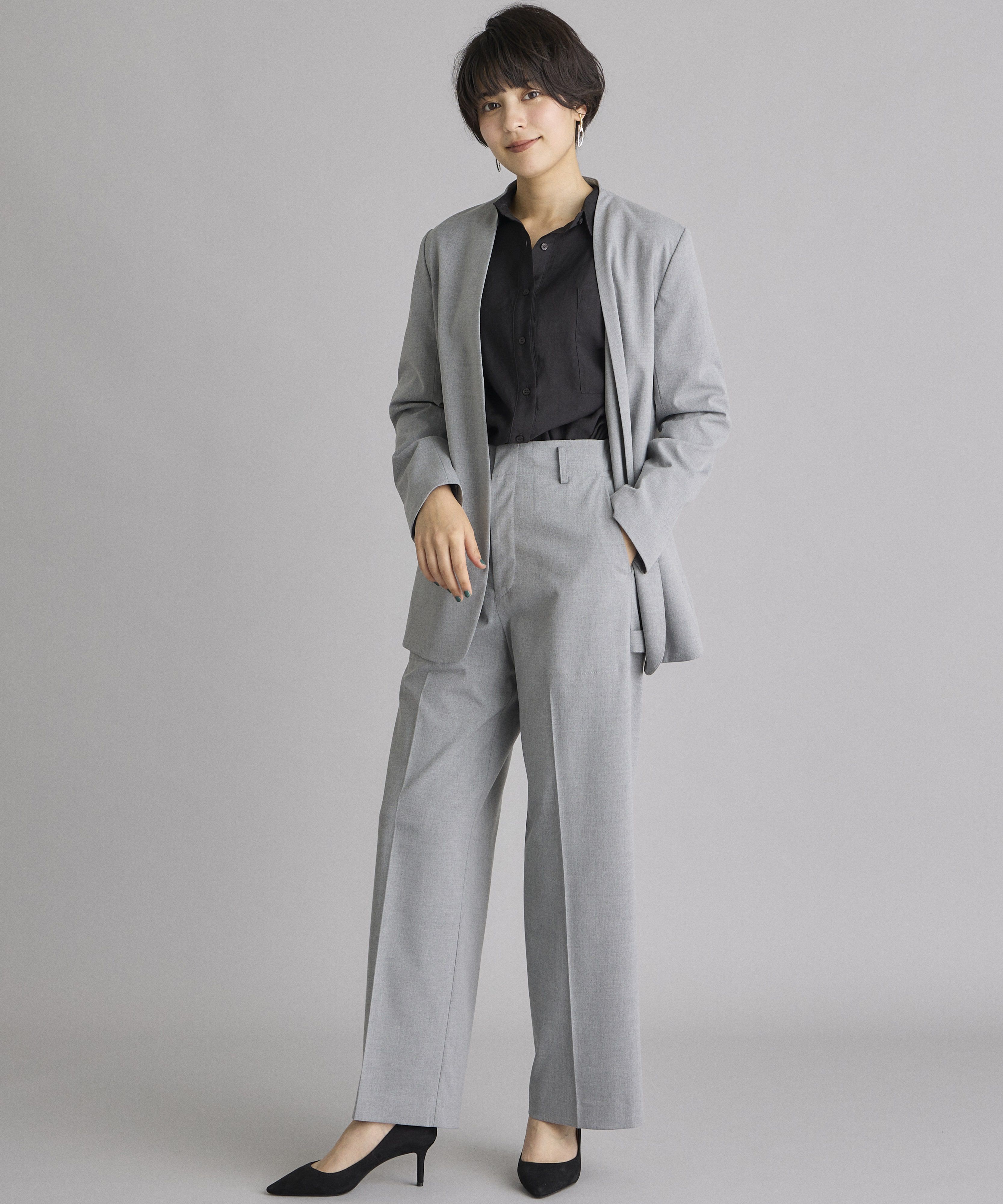 INED「《INED CLARO》カラーレスジャケット」|ノーカラージャケット|