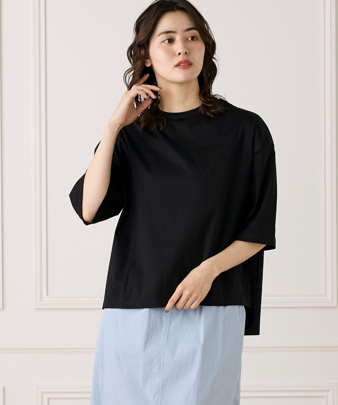 7-IDconcept.「《大きいサイズ》五分袖Tシャツ《接触冷感》」|Tシャツ・カットソー|ブラック