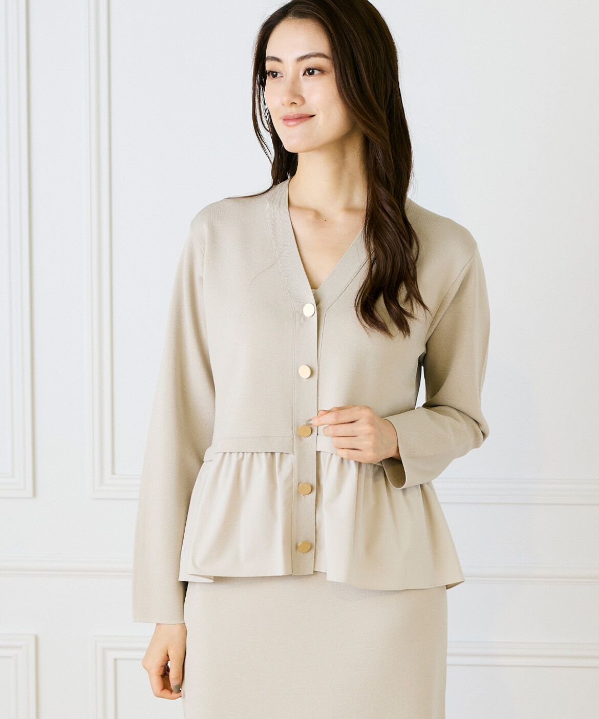 Le Souk「異素材フリルミラノリブカーディガン」|カーディガン|ベージュ2