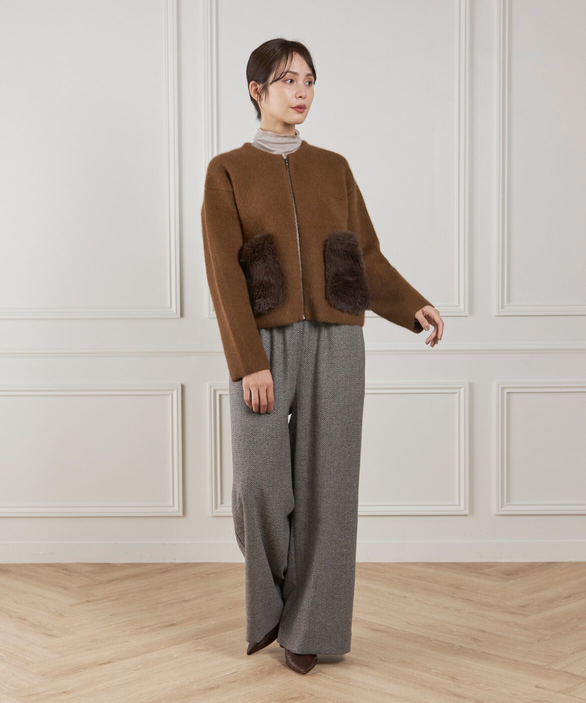 Le Souk「《45th限定企画》フェイクファーポケット ラクーン ニットブルゾン」|カーディガン|