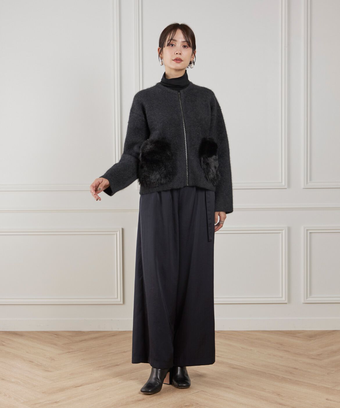 Le Souk「《45th限定企画》フェイクファーポケット ラクーン ニットブルゾン」|カーディガン|