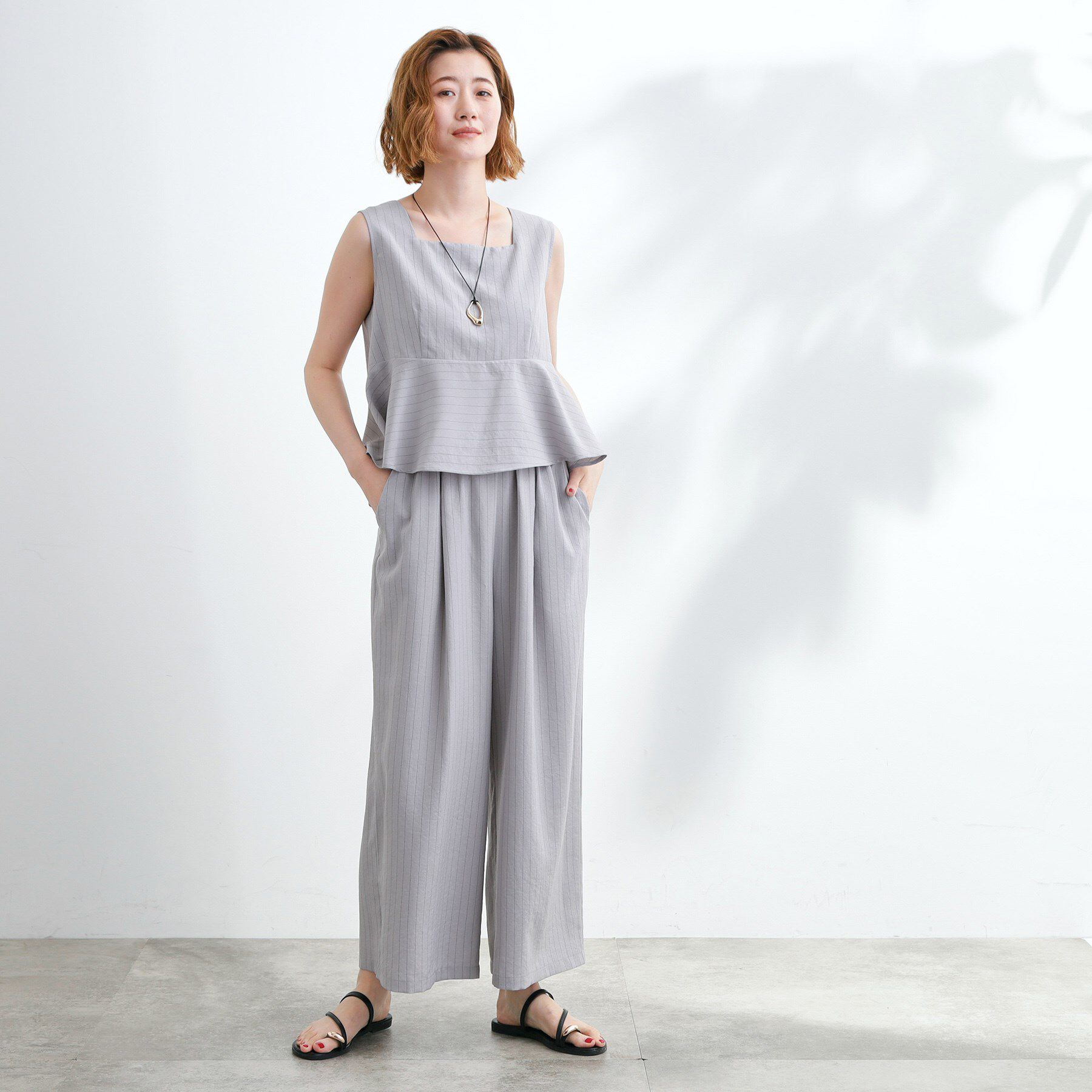 grove「1枚でお洒落見え ストライプドッキングサロペット」|オールインワン|ライトグレー(311