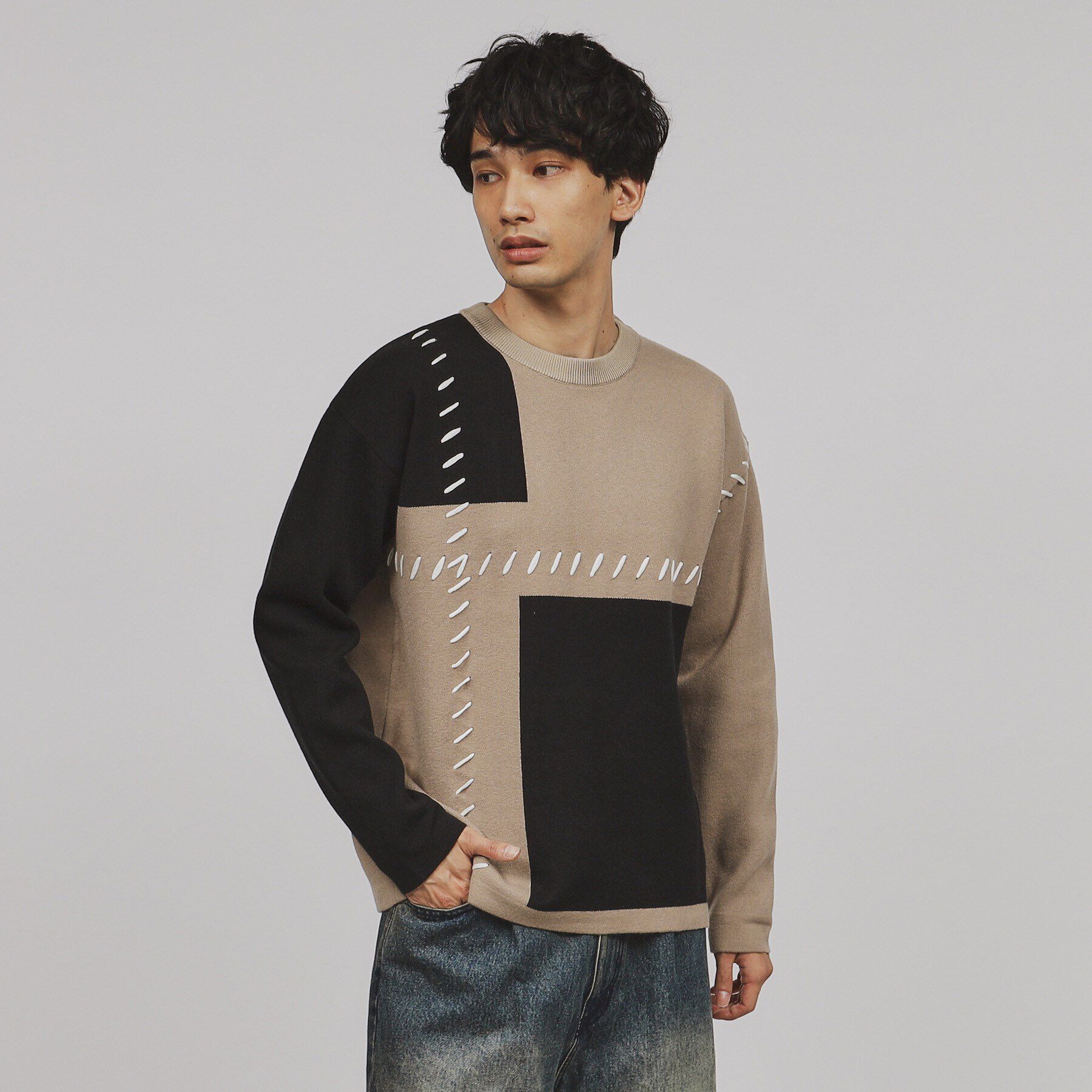 tk.TAKEO KIKUCHI「【もちもちニット】ブロックステッチ」|ニット・セーター|ベージュ(552)