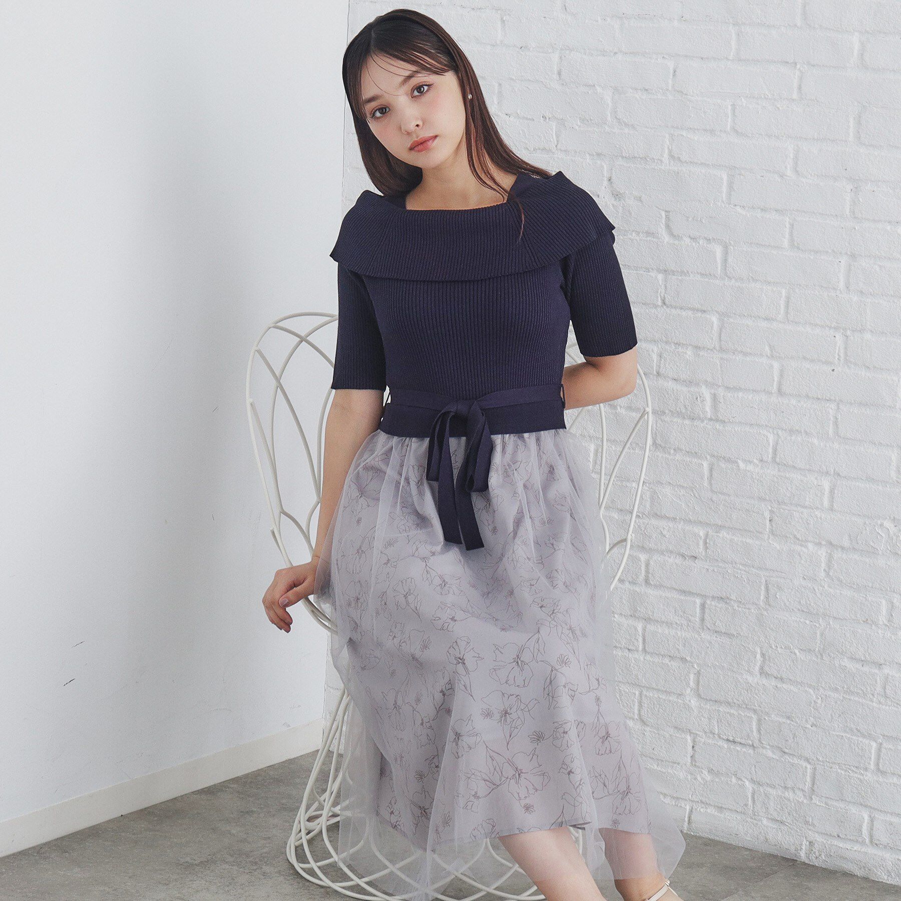 index「《S-LLsize》フラワーチュールドッキングワンピース【洗濯機洗い可/抗ピル】」|ワンピース|ネイビー(594)