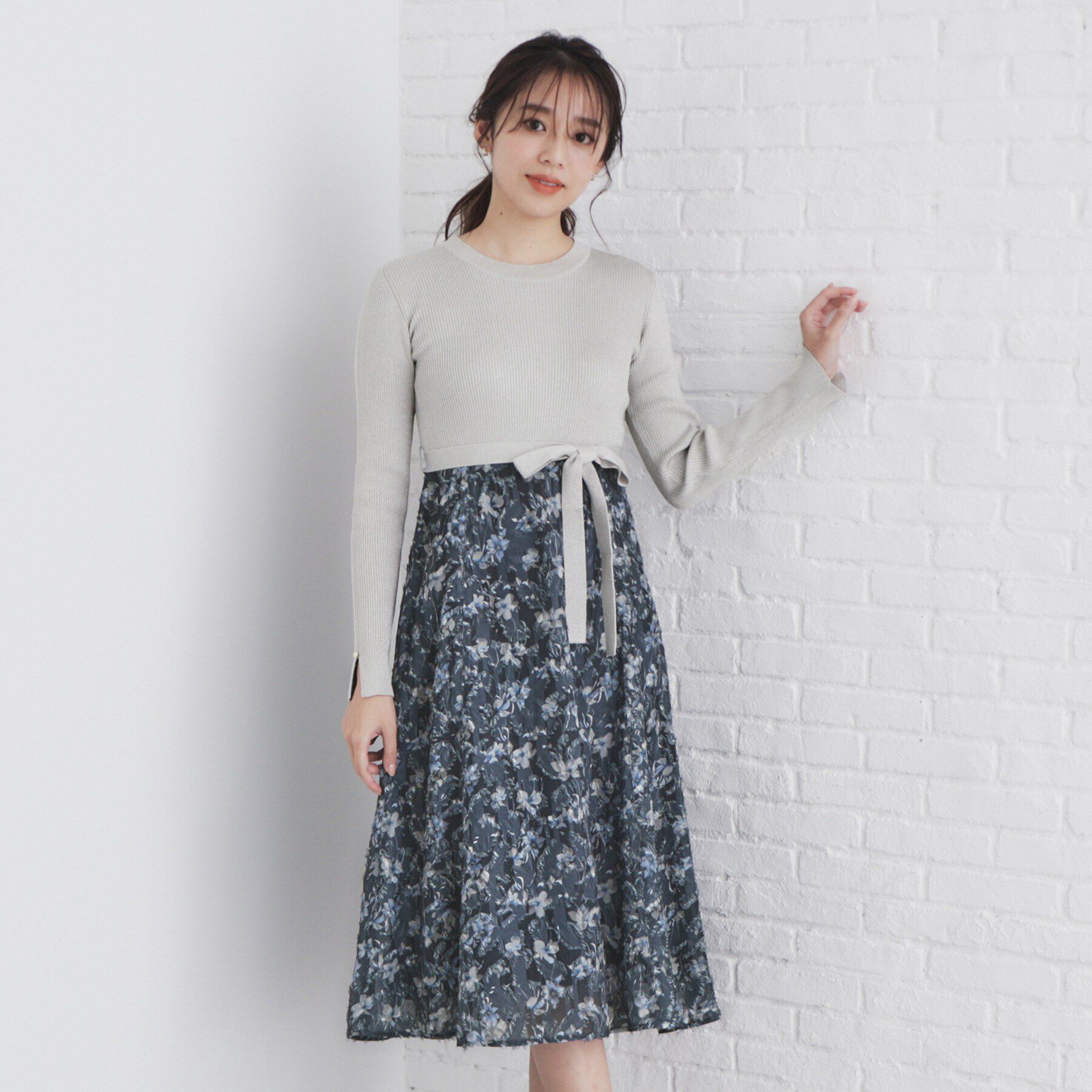 index「ラメニット&times;フラワージャカード ドッキングワンピース【洗濯機洗い可/抗ピル】」|ワンピース|