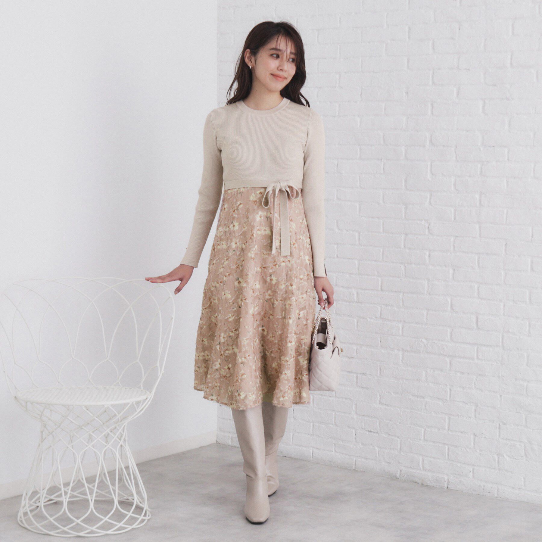 index「ラメニット&times;フラワージャカード ドッキングワンピース【洗濯機洗い可/抗ピル】」|ワンピース|