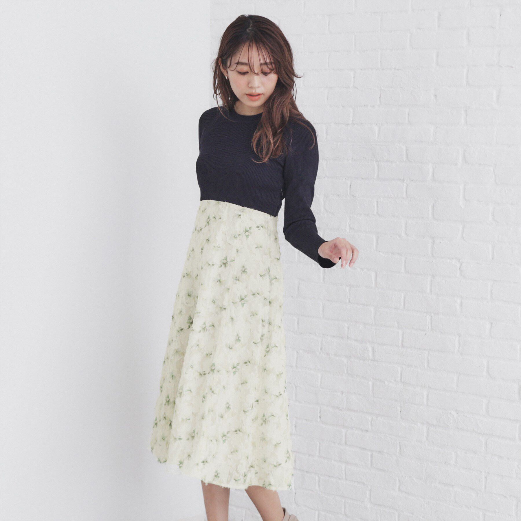 index「ラメニット&times;フラワージャカード ドッキングワンピース【洗濯機洗い可/抗ピル】」|ワンピース|