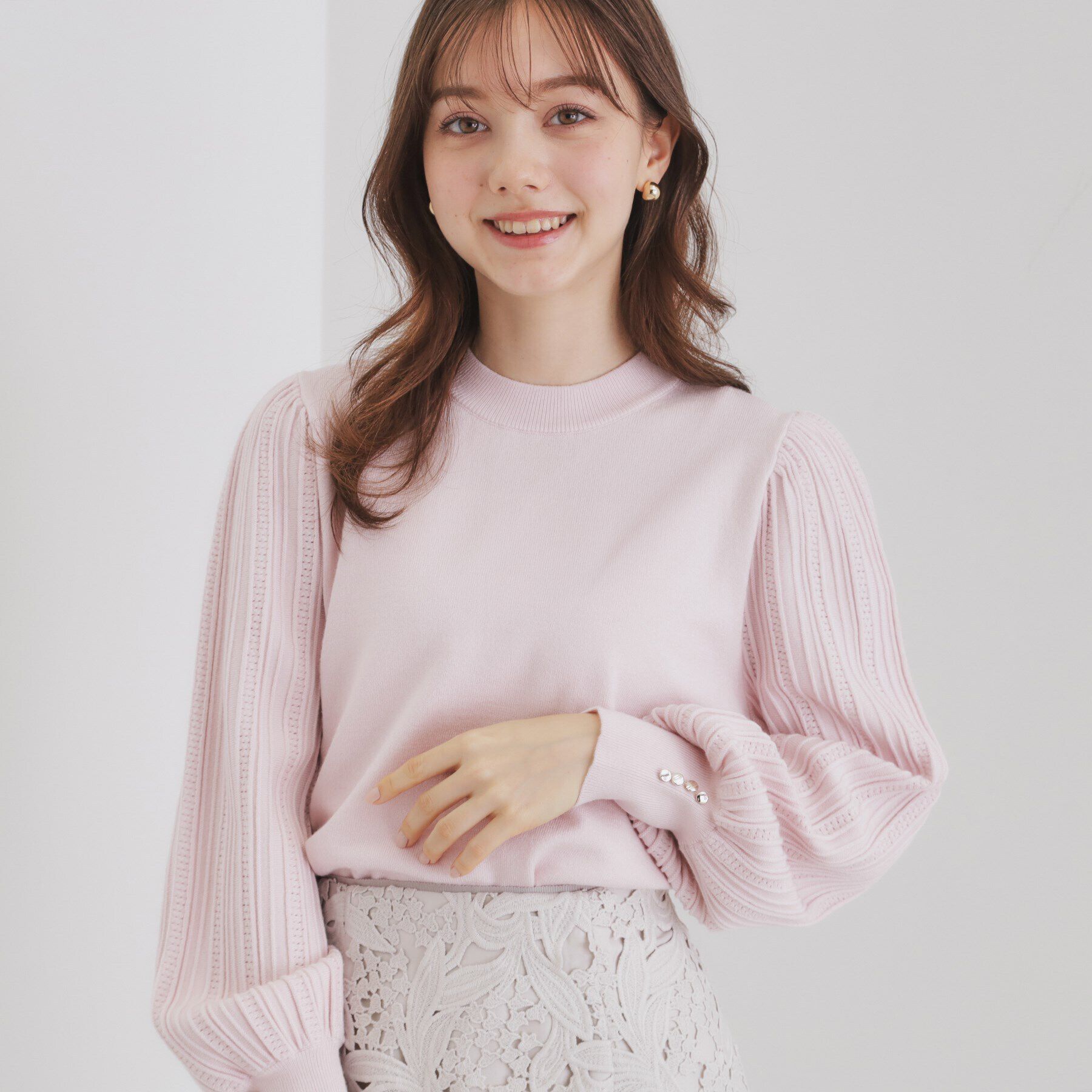 index「パターンスリーブハイネックニット【洗濯機洗い可】」|ニット・セーター|ライトピンク(070