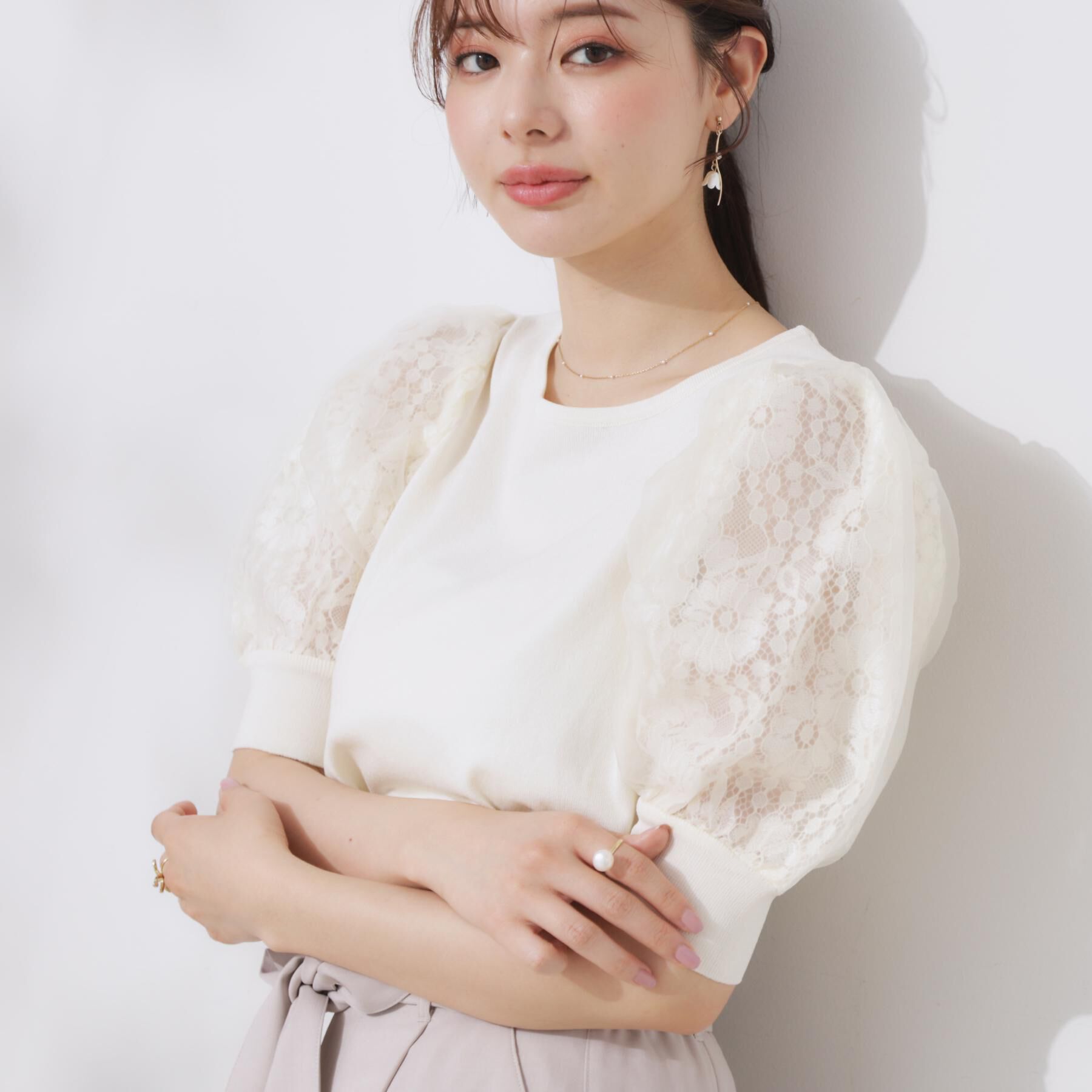 Couture broach「【洗える・UV機能・通勤】オーガンレース袖ニット」|ニット・セーター|