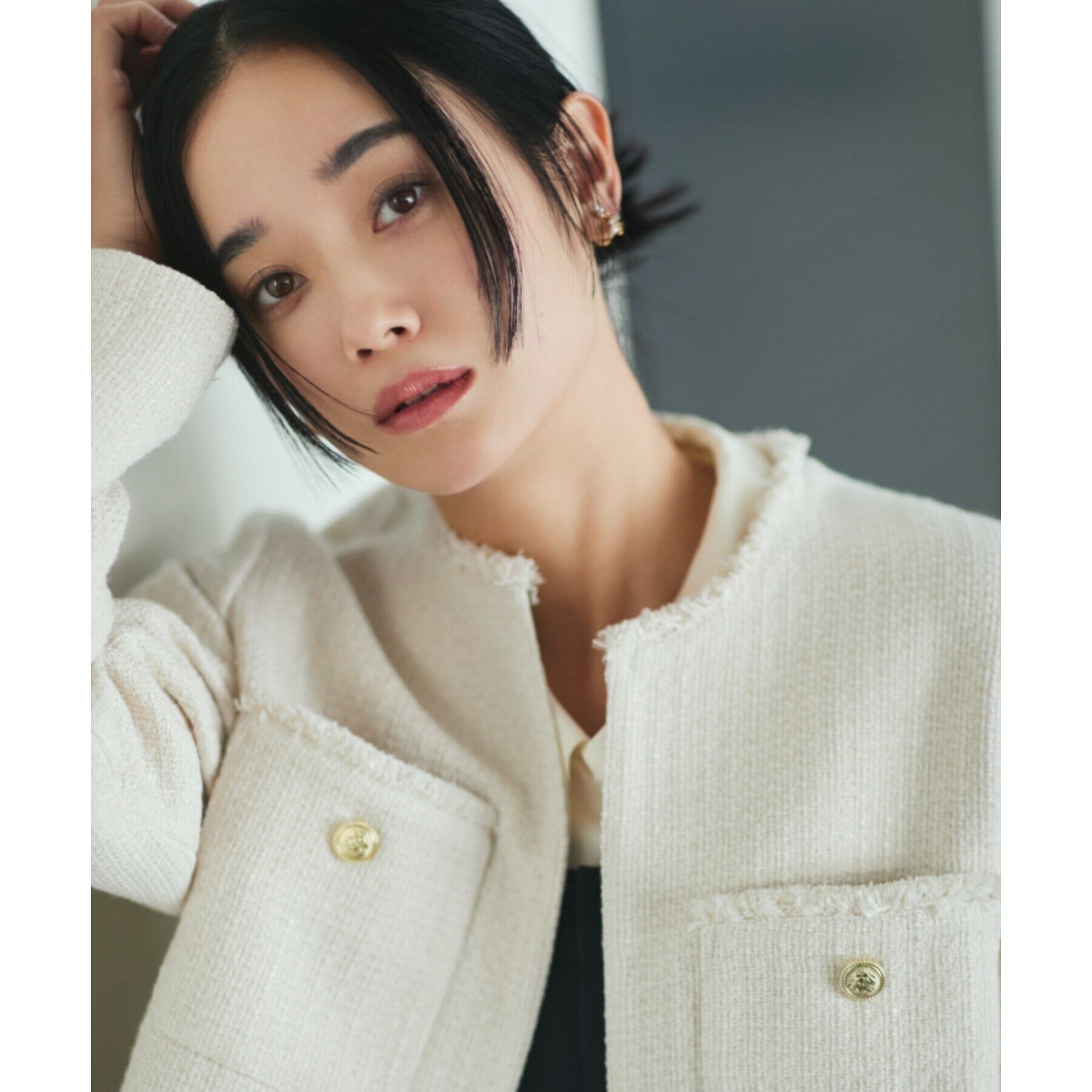 THE SHOP TK「【ONOFF活躍/セレモニー/通勤】ツイードノーカラージャケット/洗える」|ノーカラージャケット|アイボリー(404)