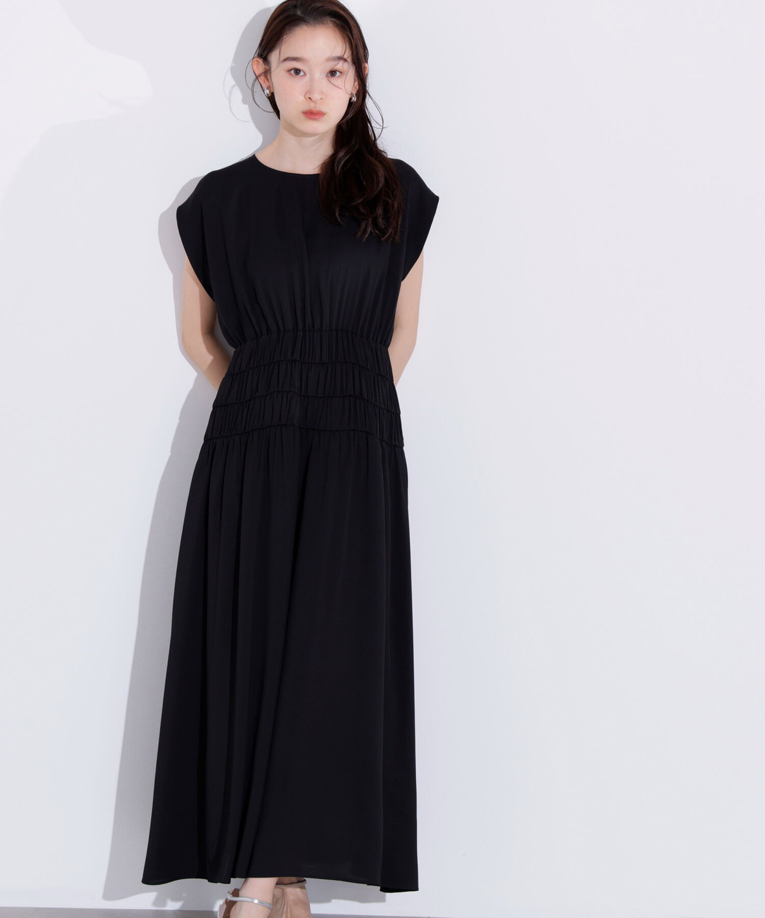  「ギャザーデザインワンピース」|ワンピース|ブラック
