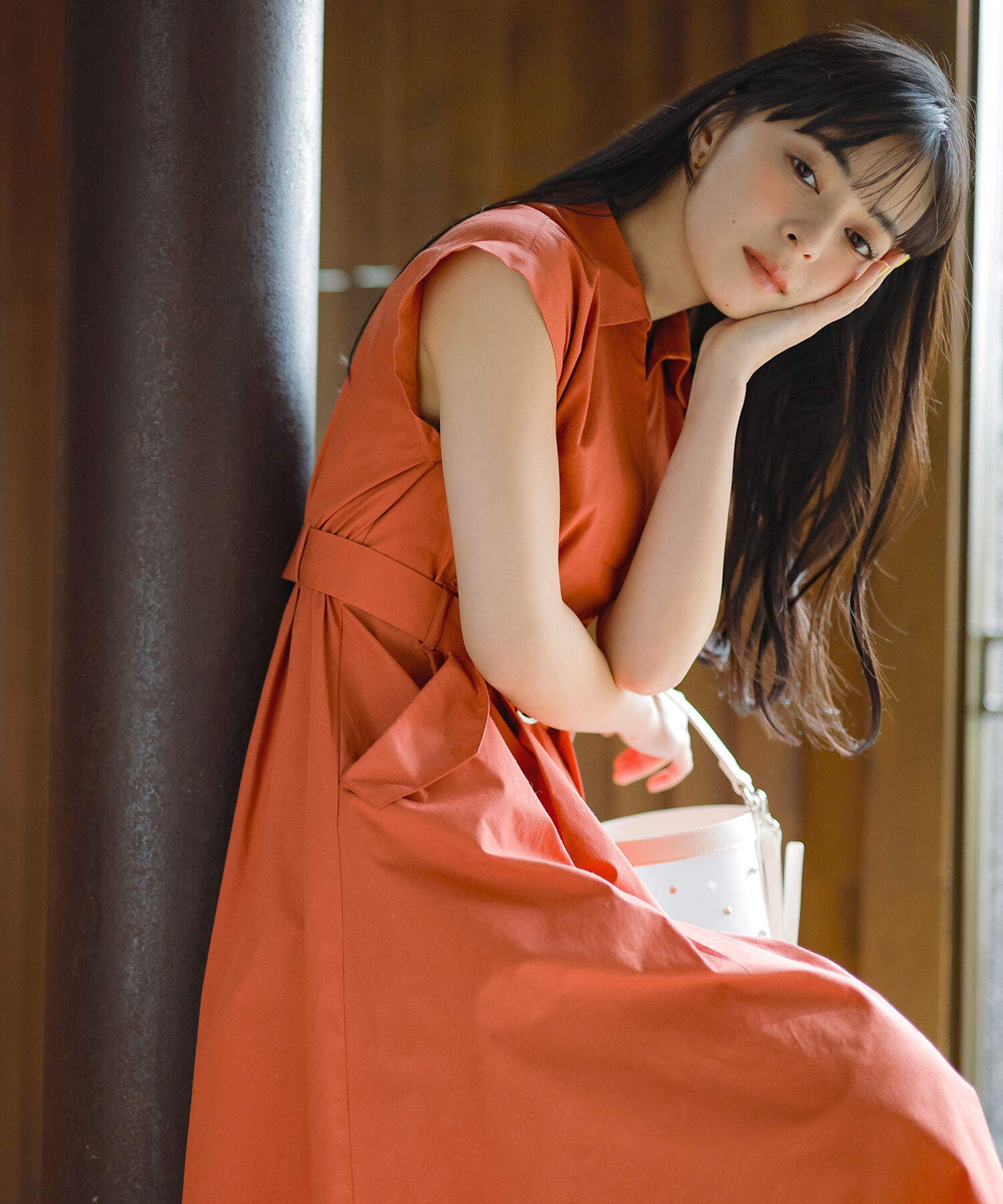  「ベルテッドポケットシャツワンピース」|ワンピース|オレンジ