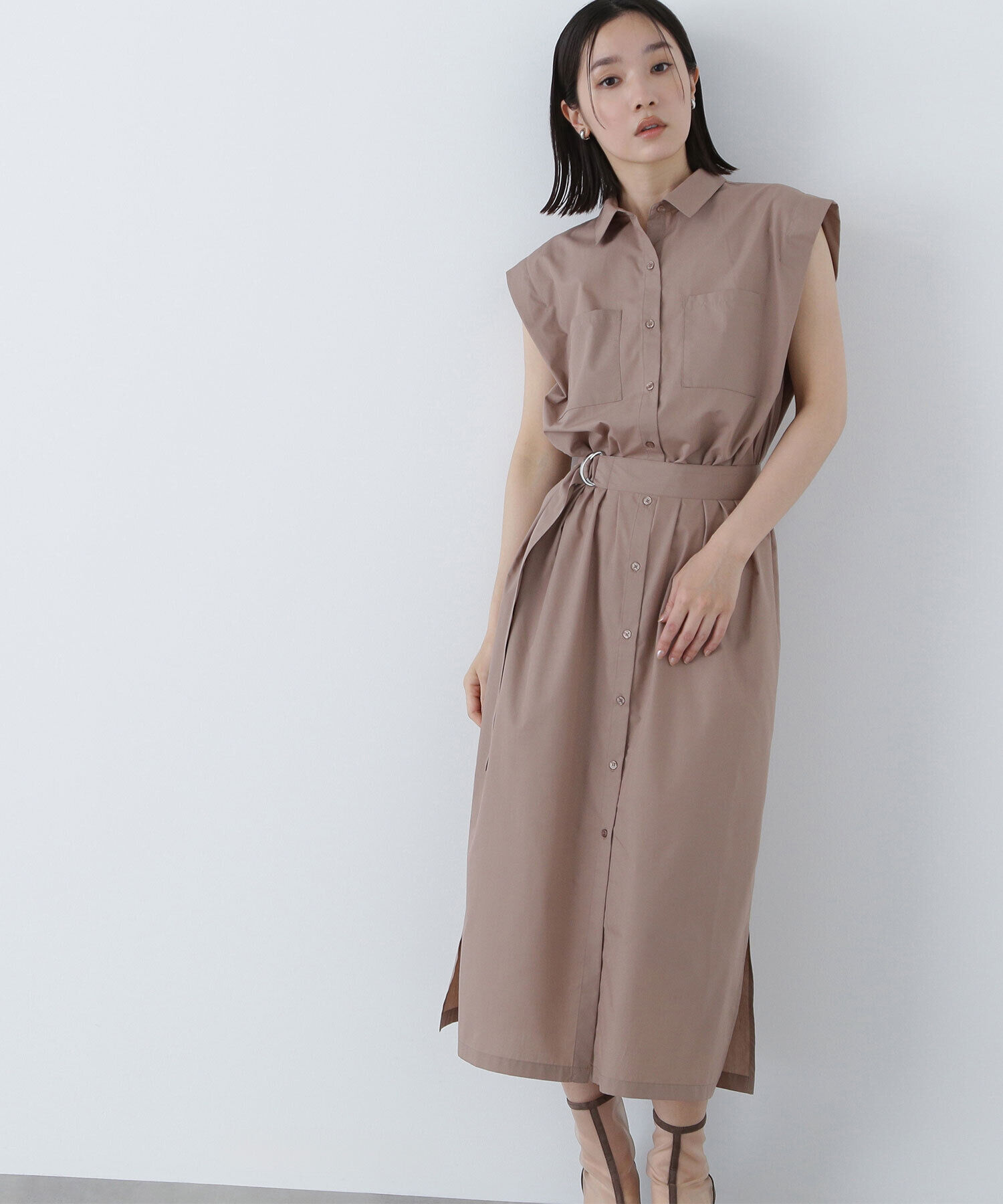  「ベルテッドナローシャツワンピース」|ワンピース|ベージュ