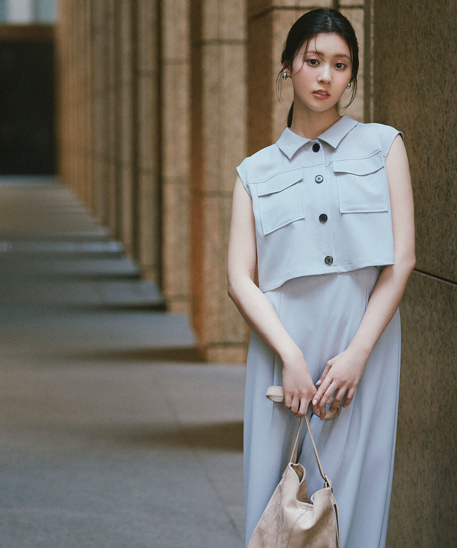  「クロップドポケットシャツ＆オールインワン」|ワンピース|ライトグレー