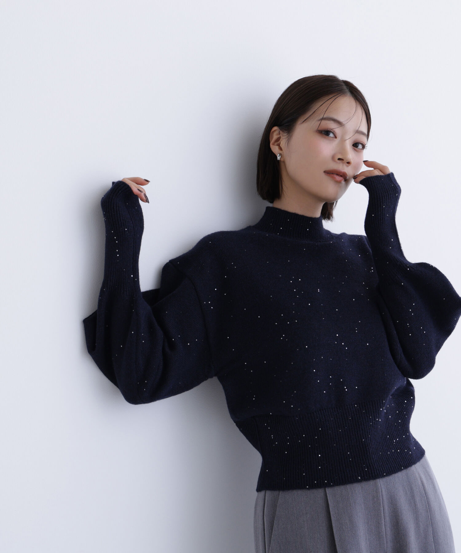  「フラワースパンコールニット」|ニット・セーター|ネイビー