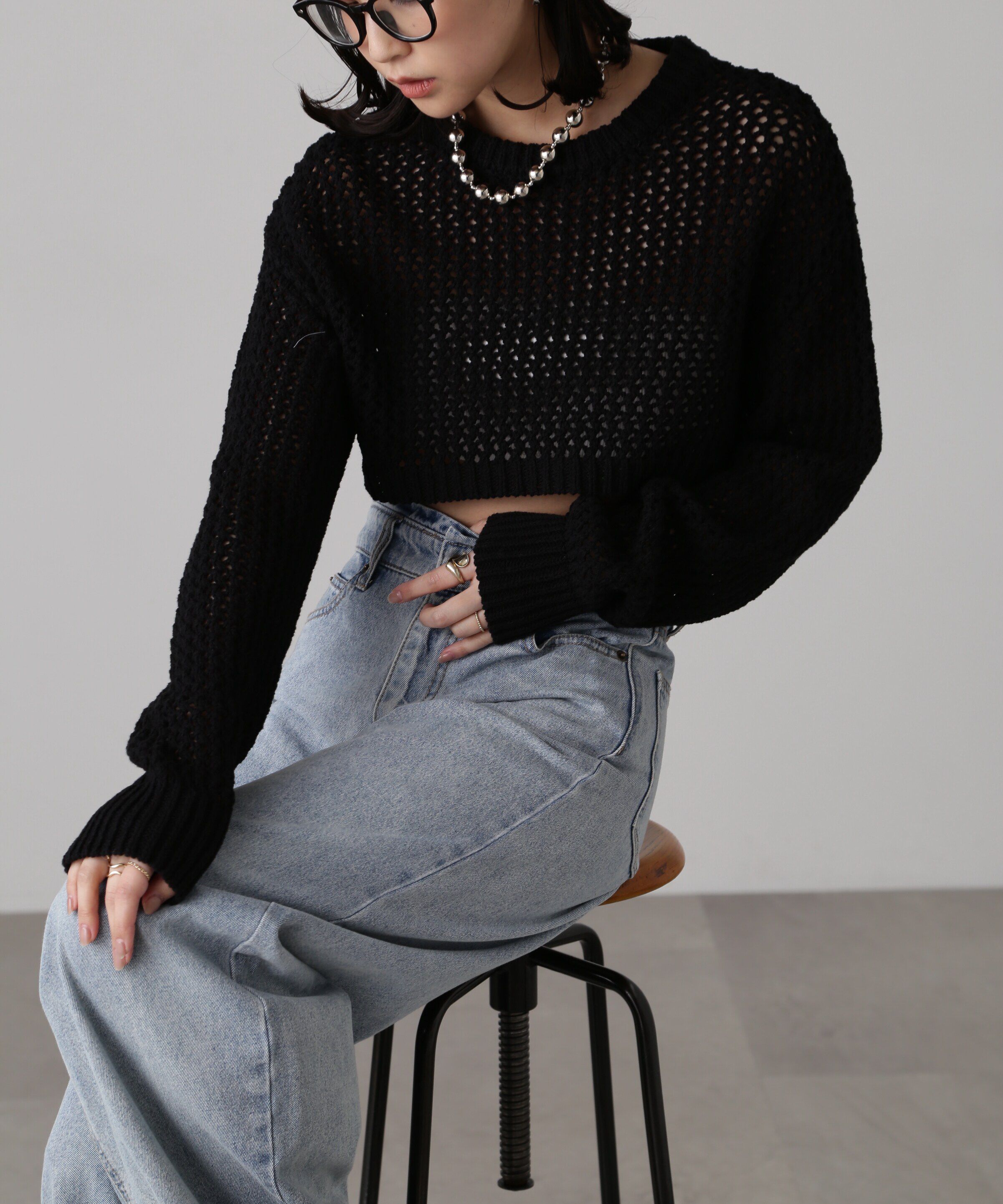  「ショート丈メッシュニットプルオーバー」|ニット・セーター|