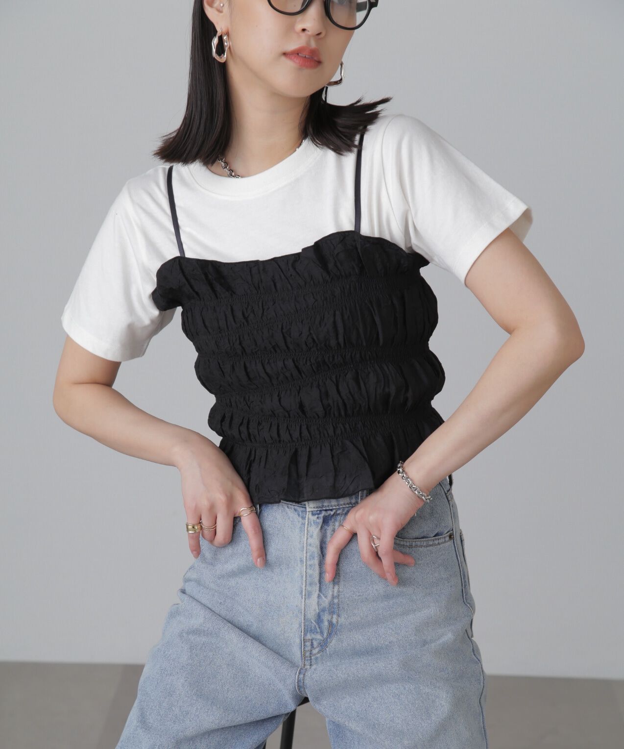  「ギャザーシャーリングビスチェ」|シャツ・ブラウス|ブラック