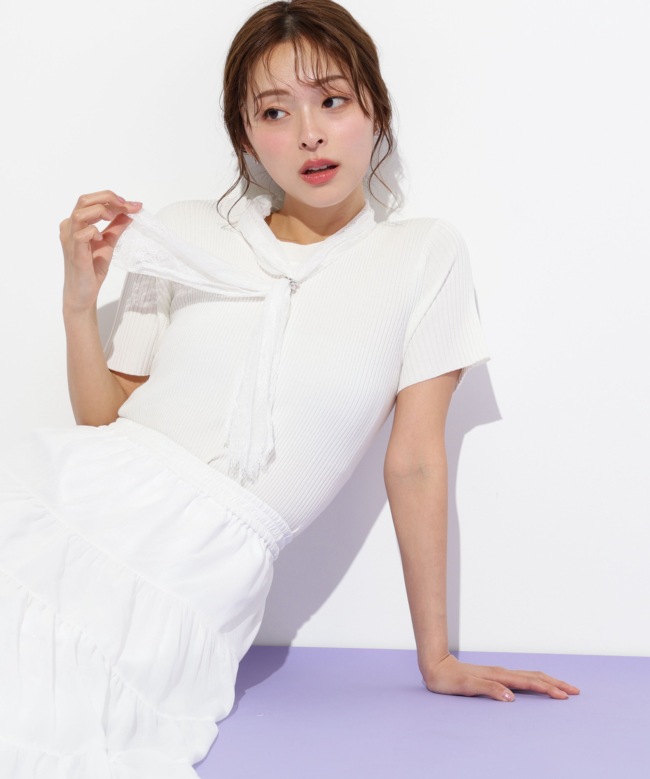  「レーススカーフ付ニットトップス」|ニット・セーター|