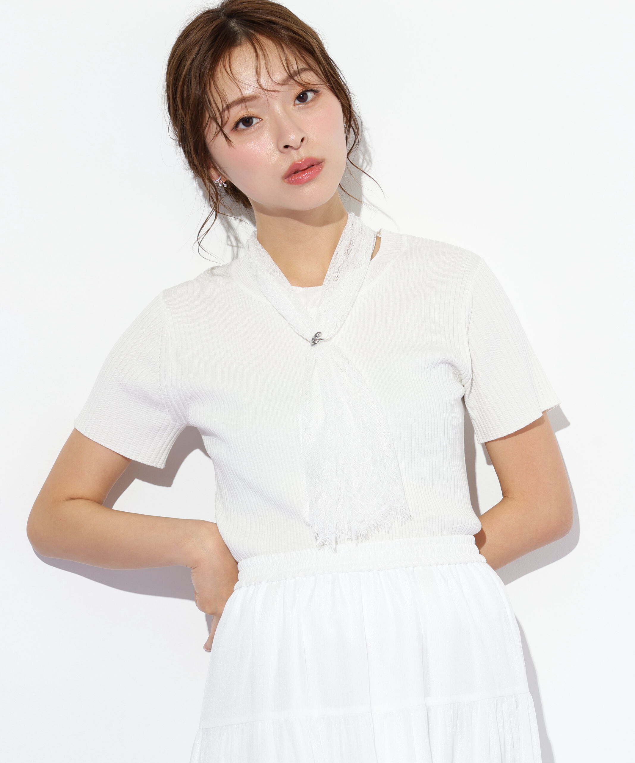  「レーススカーフ付ニットトップス」|ニット・セーター|