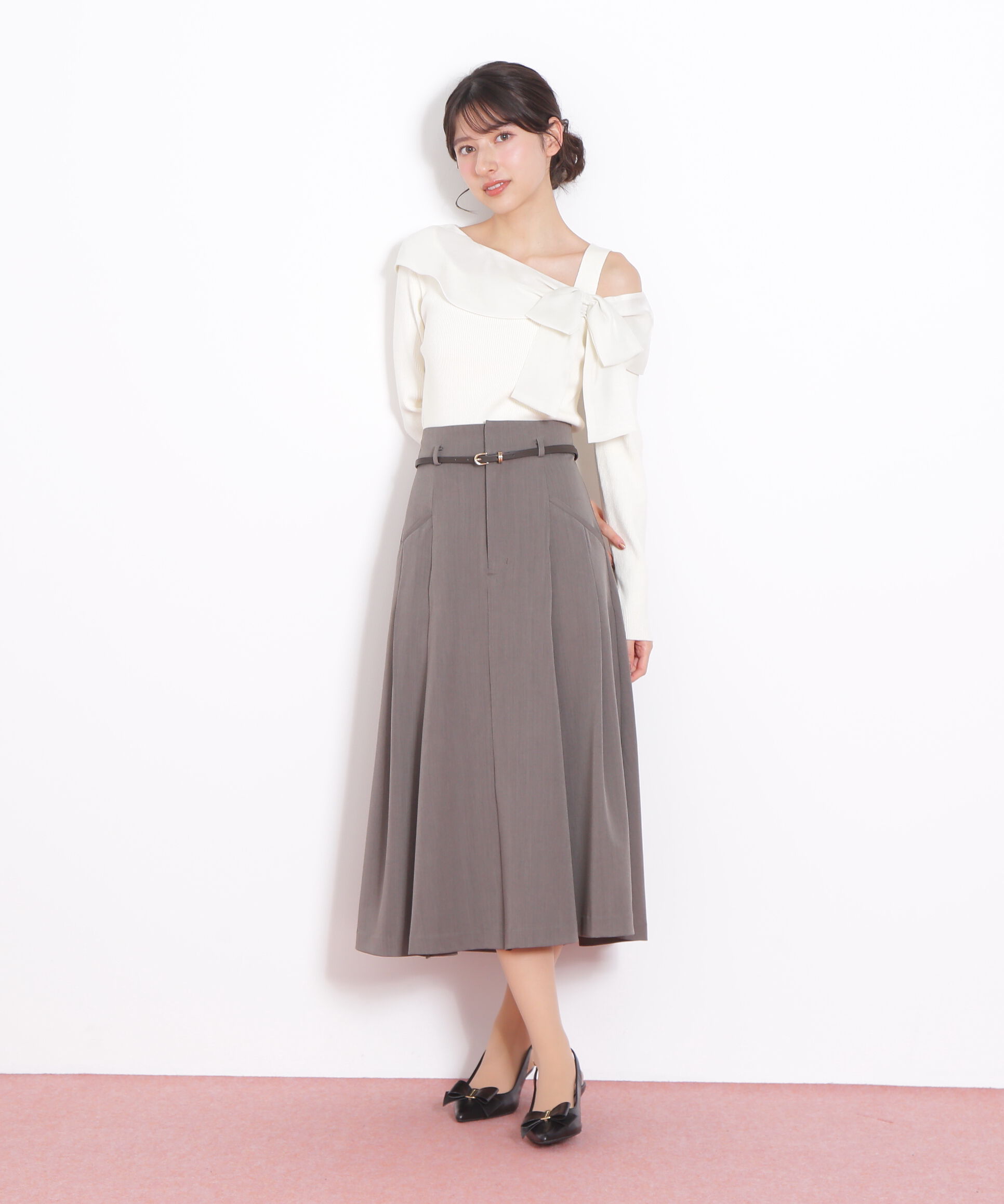  「ベルト付タックフレアスカート」|スカート|