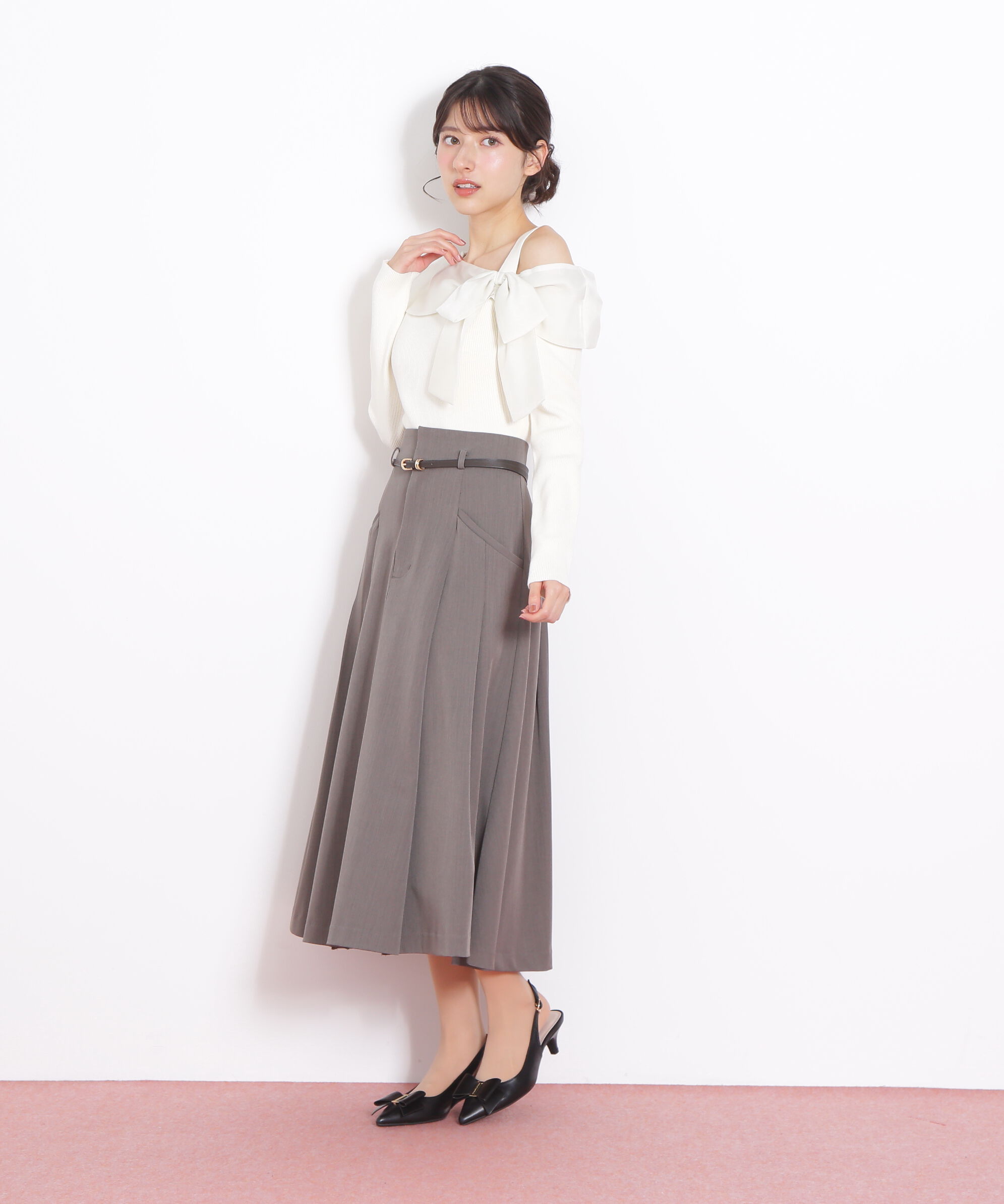  「ベルト付タックフレアスカート」|スカート|