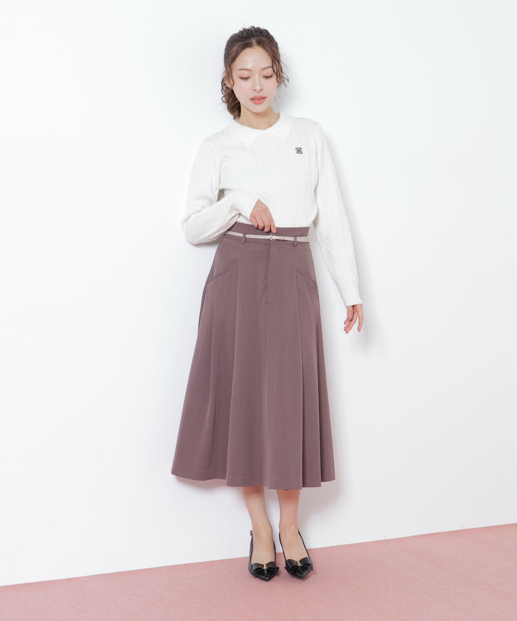  「ベルト付タックフレアスカート」|スカート|