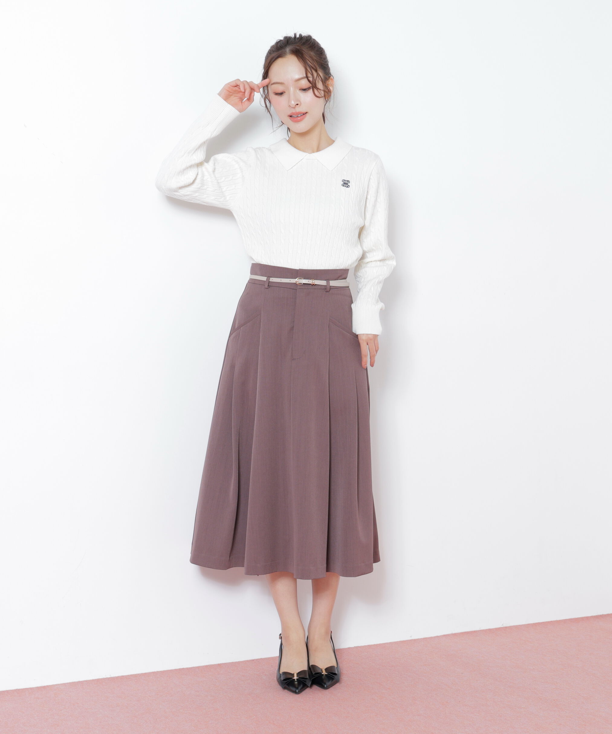  「ベルト付タックフレアスカート」|スカート|