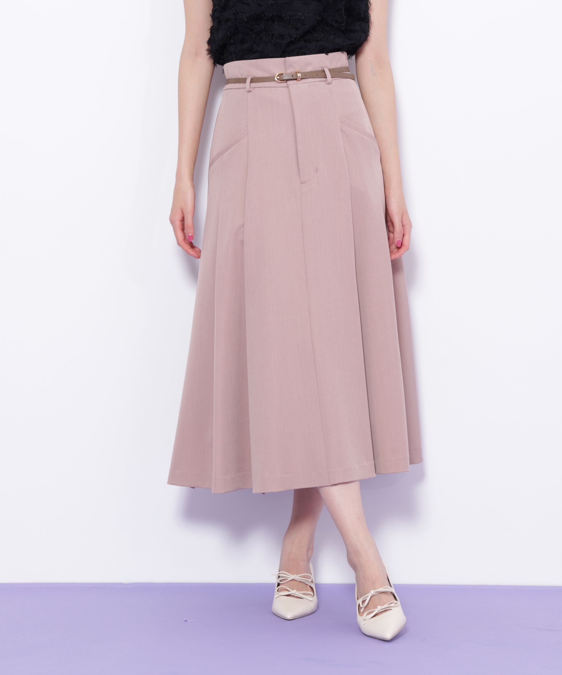  「ベルト付タックフレアスカート」|スカート|