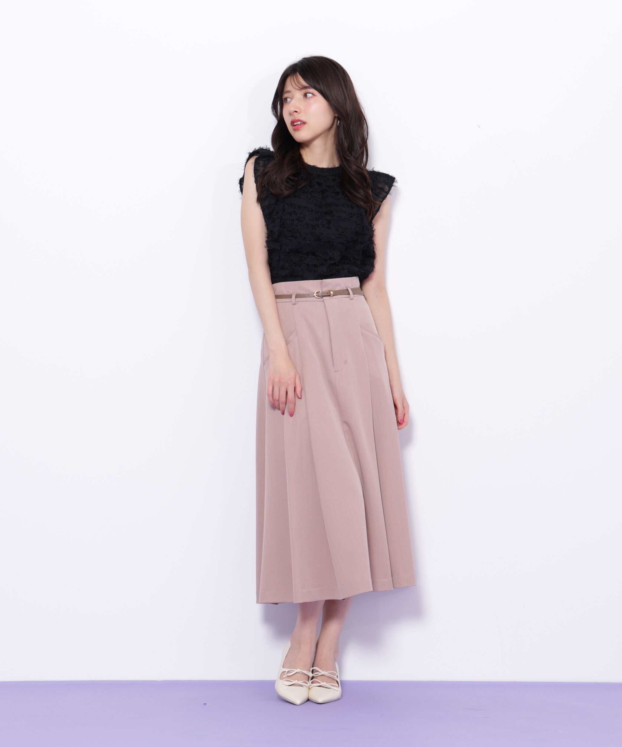  「ベルト付タックフレアスカート」|スカート|