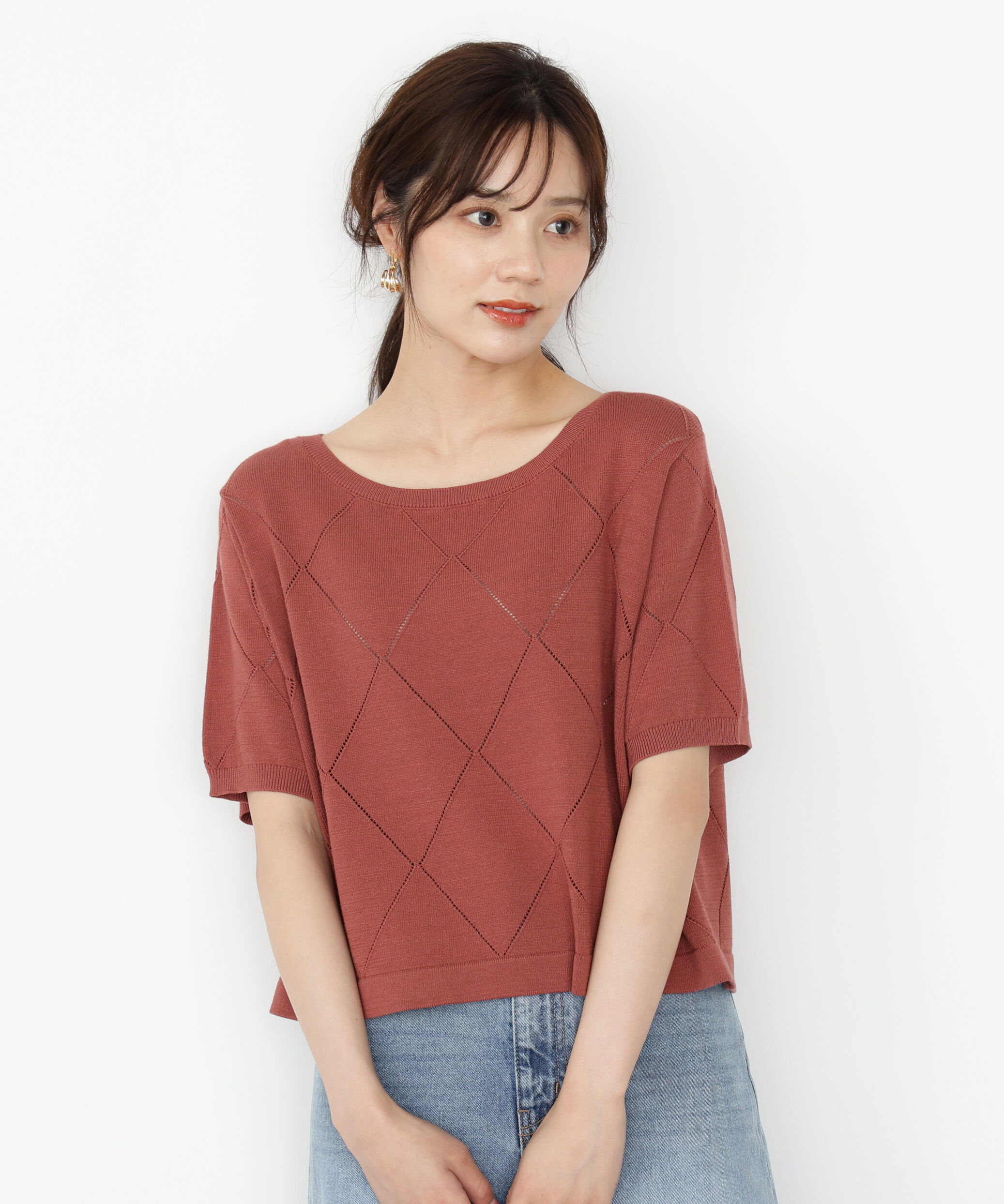 PROPORTION BODY DRESSING「＜ハンドウォッシャブル＞ダイヤ柄半袖ニット 25AW」|ニット・セーター|